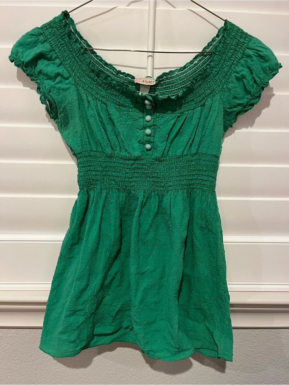 A'Gaci Green Swiss Dot Milkmaid Top Y2K Smocked Off Shoulder Peasant Blouse S